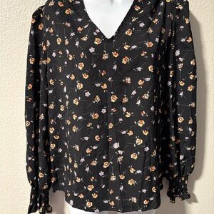 SHEIN Black Floral V-Neck Blouse